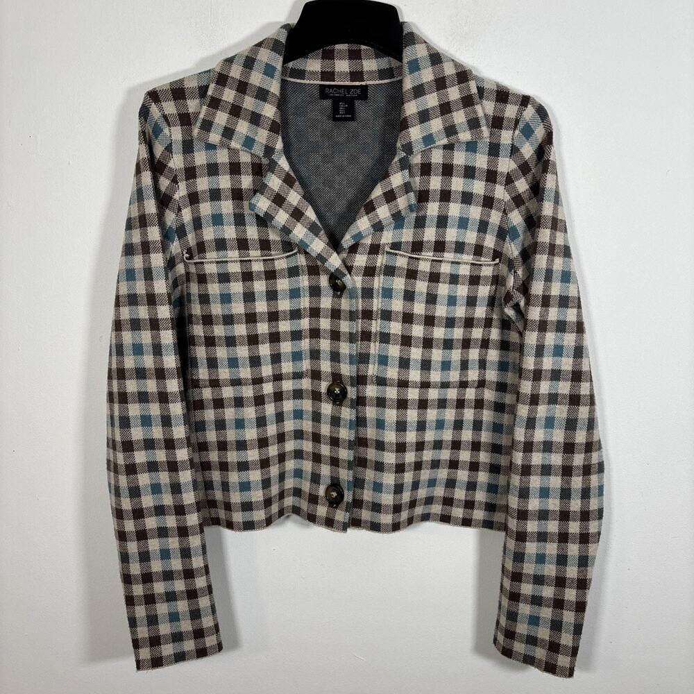 Rachel Zoe Button Up Cardigan Shacket Sweater Blazer Brown‎ Plaid Large Fall